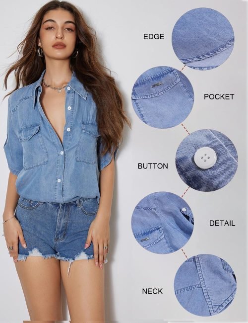 Shirts for Women Button Down Tops Spring Fashion Blouses Short Sleeve Loose Fit Jeans Shacket