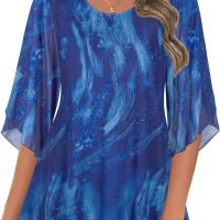 Women's Tops 3/4 Sleeve Blouses Dressy Casual Double Layers Mesh Tunic Shirts