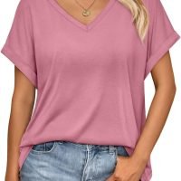 Women's Oversized Short Sleeve Tshirts Casual V Neck Summer Tops Loose Fit 2024 Work Shirts