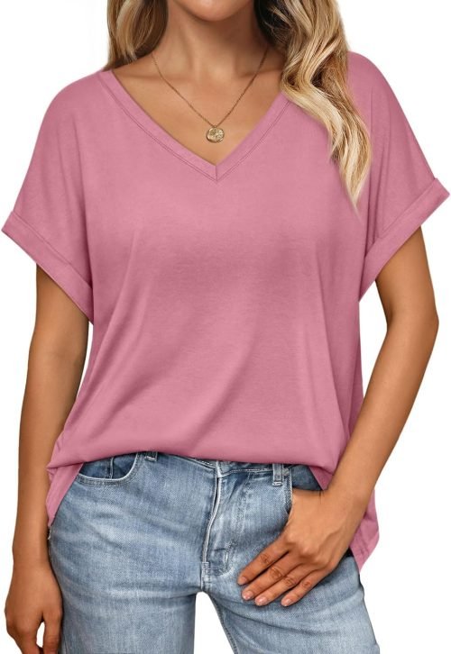 Women's Oversized Short Sleeve Tshirts Casual V Neck Summer Tops Loose Fit 2024 Work Shirts