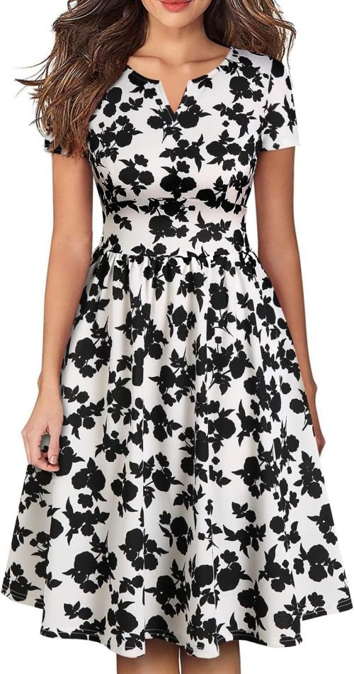 Women's Vintage Pleated Flared Swing A-Line Casual Party Work Dresses