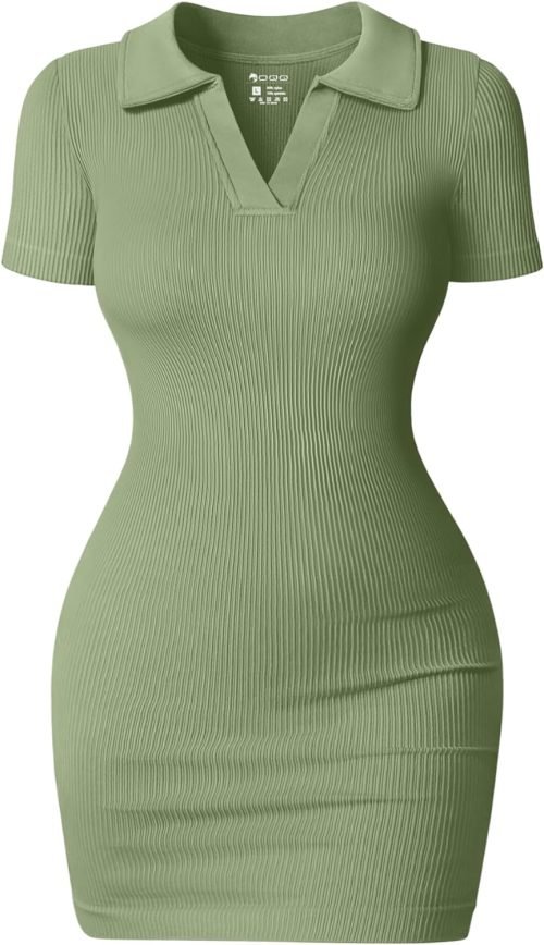 Women's Mini Dresses Sexy Ribbed Short Sleeve Tummy Control Bodycon Mini Dress