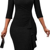 Women's Sequin Sparkly Glitter Party Club Dress Crew Neck 3/4 Sleeve Ruffle Ruched Cocktail Bodycon Midi Dress