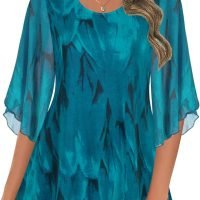 Women's Tops 3/4 Sleeve Blouses Dressy Casual Double Layers Mesh Tunic Shirts