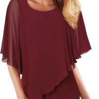 Women's Lightweight Flowy Shirt Double-Layered Printed Chiffon Poncho Blouse Top