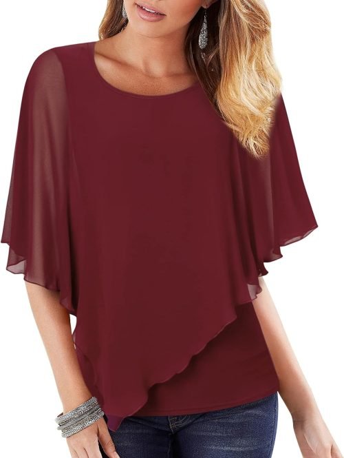 Women's Lightweight Flowy Shirt Double-Layered Printed Chiffon Poncho Blouse Top