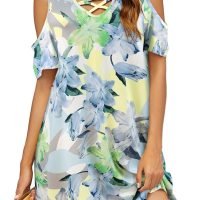 Women Summer Cold Shoulder Criss Cross Neckline Short Sleeve Casual Tunic Top Dress (S-3XL)
