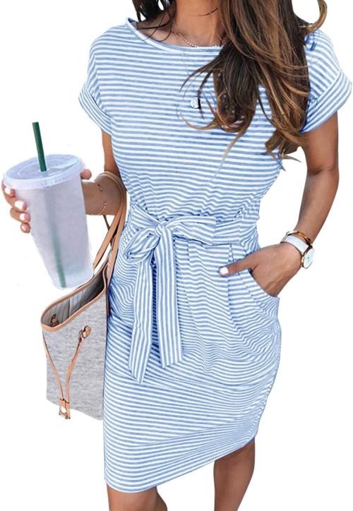 Women's Summer Striped Short Sleeve T Shirt Dress Casual Tie Waist with Pockets