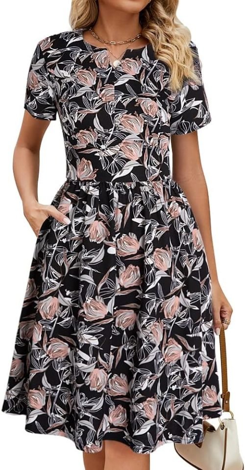 Women's Vintage Pleated Flared Swing A-Line Casual Party Work Dresses