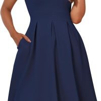 Womens Elegant Print Notched Neck Slant Pocket Pleated Hem Casual A-Line Dress