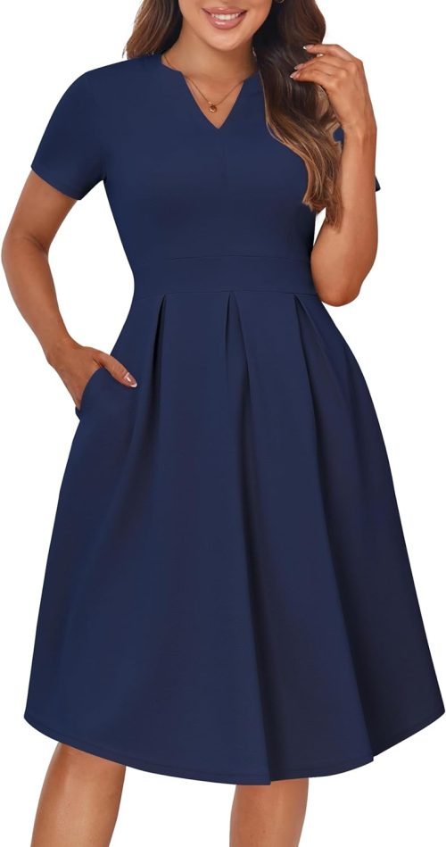 Womens Elegant Print Notched Neck Slant Pocket Pleated Hem Casual A-Line Dress