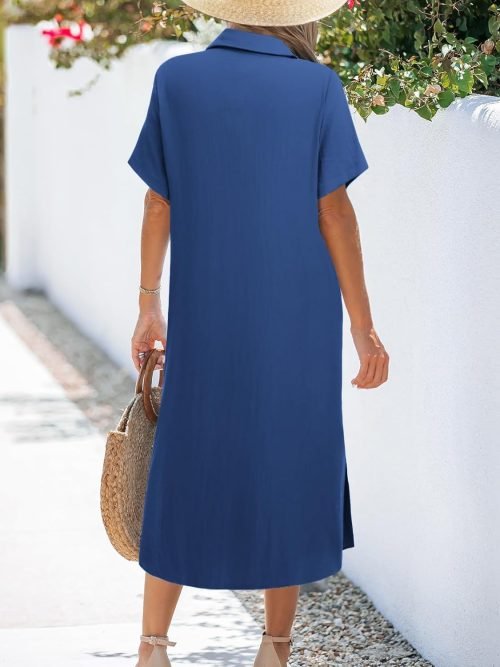 Womens Dress Summer Casual Short Sleeve Button Down Shirt Dress Beach Cover Up Dress with Pockets