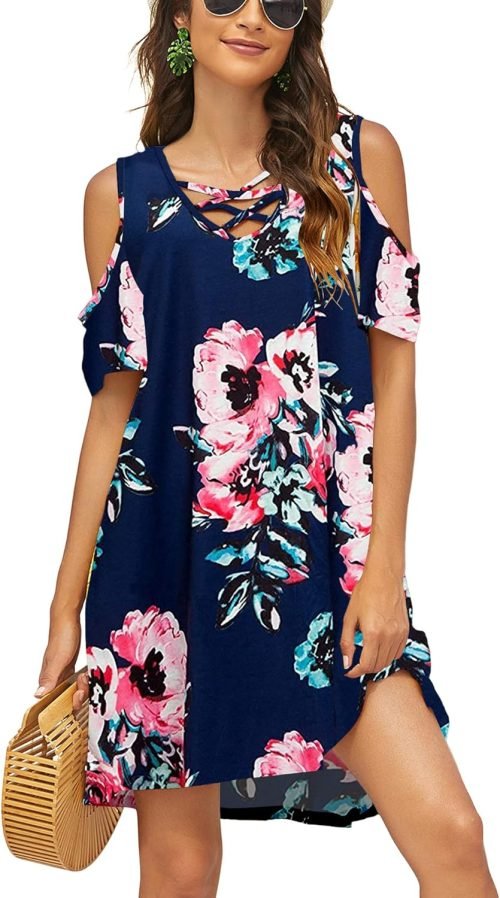 Women Summer Cold Shoulder Criss Cross Neckline Short Sleeve Casual Tunic Top Dress (S-3XL)