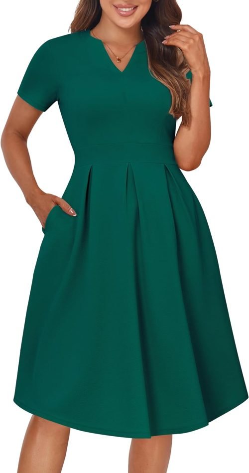 Womens Elegant Print Notched Neck Slant Pocket Pleated Hem Casual A-Line Dress