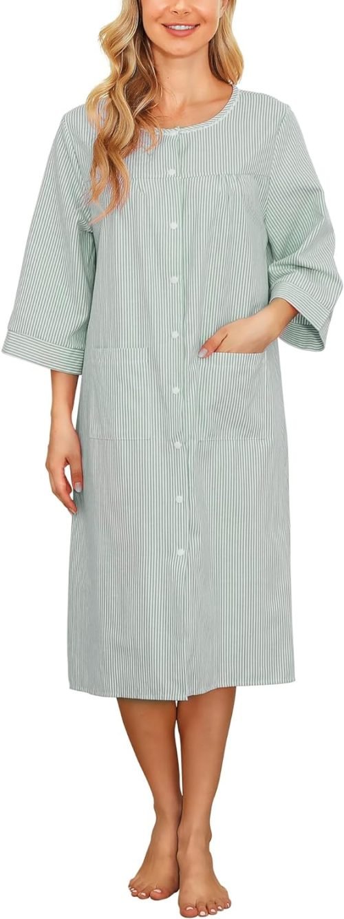 Women House Dress Snap Front Nightgown 3/4 Sleeve Housecoat Duster Robe with Pockets Moomoo Patio Dress