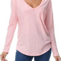 Women's Oversized T Shirts Fashion Long Sleeve Scoop Neck Top Shirts Loose fit Comfy Tees with Pockets