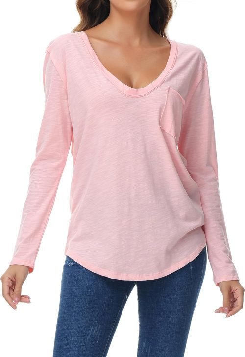 Women's Oversized T Shirts Fashion Long Sleeve Scoop Neck Top Shirts Loose fit Comfy Tees with Pockets