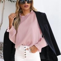 Womens Blouses Trendy Dressy Casual Tops Elegant Puff Long Sleeve Shirts Ruffle Mock Neck Plain Chiffon Outfits