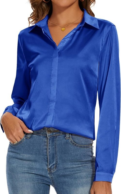 Women's Silk Blouse Long Sleeve Lady Shirt Casual Office Work Blouse Shirt Tops
