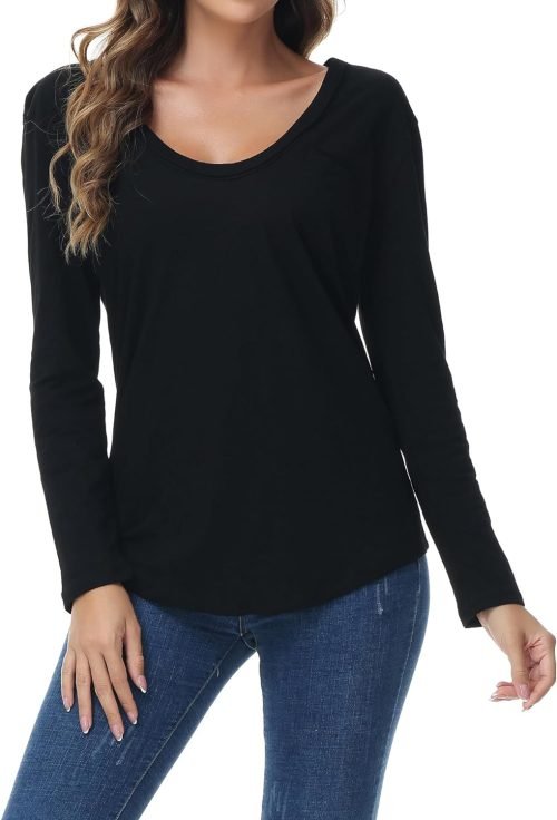 Women's Oversized T Shirts Fashion Long Sleeve Scoop Neck Top Shirts Loose fit Comfy Tees with Pockets