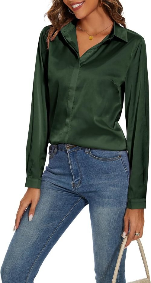Women's Silk Blouse Long Sleeve Lady Shirt Casual Office Work Blouse Shirt Tops