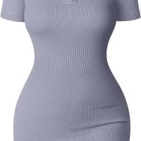 Women's Mini Dresses Sexy Ribbed Short Sleeve Tummy Control Bodycon Mini Dress