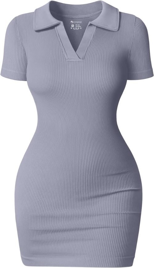 Women's Mini Dresses Sexy Ribbed Short Sleeve Tummy Control Bodycon Mini Dress