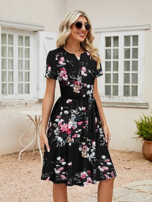 Women's Vintage Pleated Flared Swing A-Line Casual Party Work Dresses