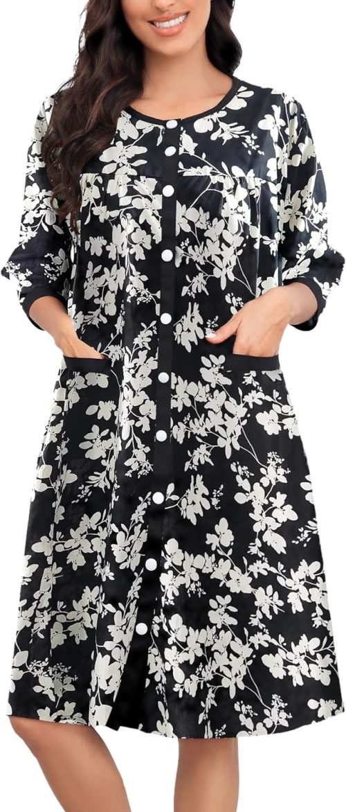Women House Dress Snap Front Nightgown 3/4 Sleeve Housecoat Duster Robe with Pockets Moomoo Patio Dress