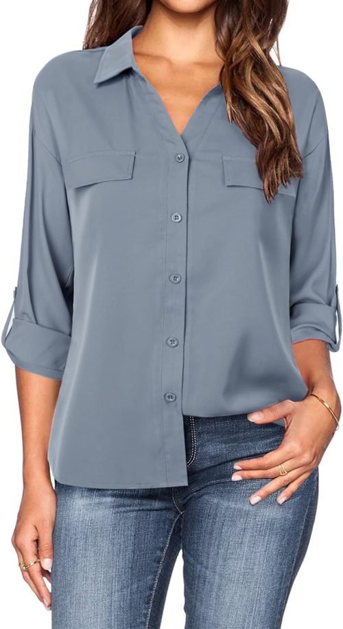 Women's Dressy Lapel Button Down Shirts for Work Office Business Casual Chiffon Blouse Tops