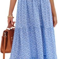 Women's Summer Casual Flutter Short Sleeve Boho Floral Maxi Dress Crew Neck Smocked Tiered Long Dresses, X-rose Red, Large