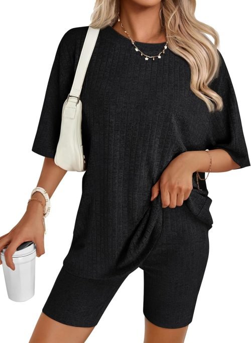 Women's Summer 2 Piece Outfits Lounge Sets Ribbed Knit Short Sleeve Loose Top and Bodycon Shorts Pajamas Set 2024