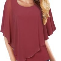 Women's Lightweight Flowy Shirt Double-Layered Printed Chiffon Poncho Blouse Top