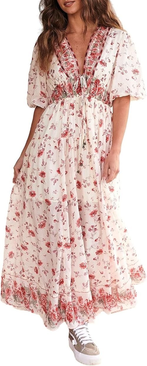 Women’s Floral Smocked Maxi Dress Boho Puff Sleeve Sweetheart A-Line Flowy Long Dresses Y2K Swing Beach Sundress