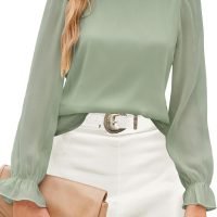 Womens Blouses Trendy Dressy Casual Tops Elegant Puff Long Sleeve Shirts Ruffle Mock Neck Plain Chiffon Outfits