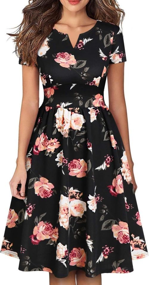 Women's Vintage Pleated Flared Swing A-Line Casual Party Work Dresses