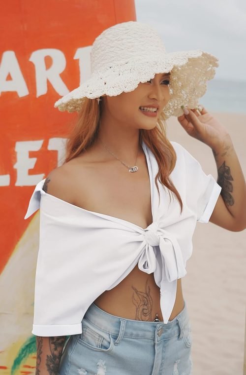 Womens Summer Short Sleeve Shirts V Neck Tie Knot Batwing Blouses Tops