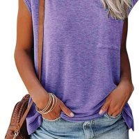 Womens Summer Short Cap Sleeve Shirts Solid Loose Fit Pocket Tunic Tops