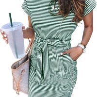 Women's Summer Striped Short Sleeve T Shirt Dress Casual Tie Waist with Pockets