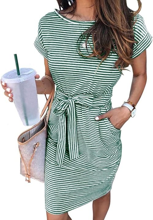 Women's Summer Striped Short Sleeve T Shirt Dress Casual Tie Waist with Pockets
