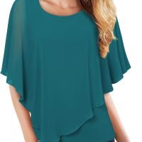 Women's Lightweight Flowy Shirt Double-Layered Printed Chiffon Poncho Blouse Top