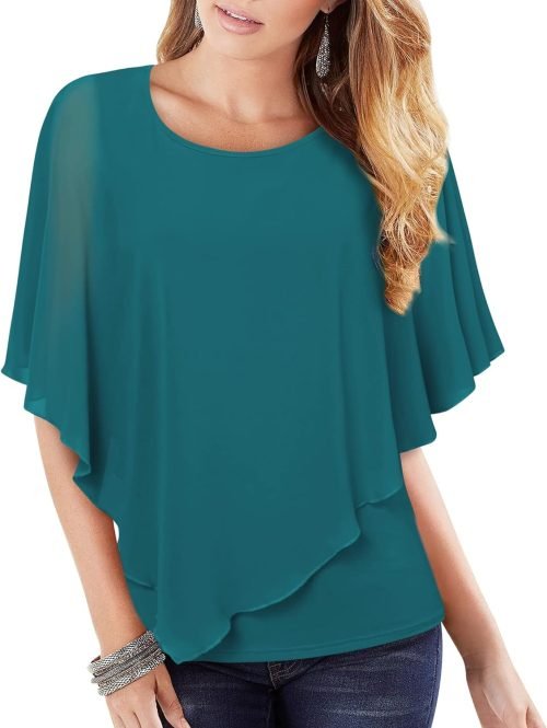 Women's Lightweight Flowy Shirt Double-Layered Printed Chiffon Poncho Blouse Top