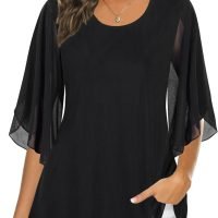Women's Tops 3/4 Sleeve Blouses Dressy Casual Double Layers Mesh Tunic Shirts