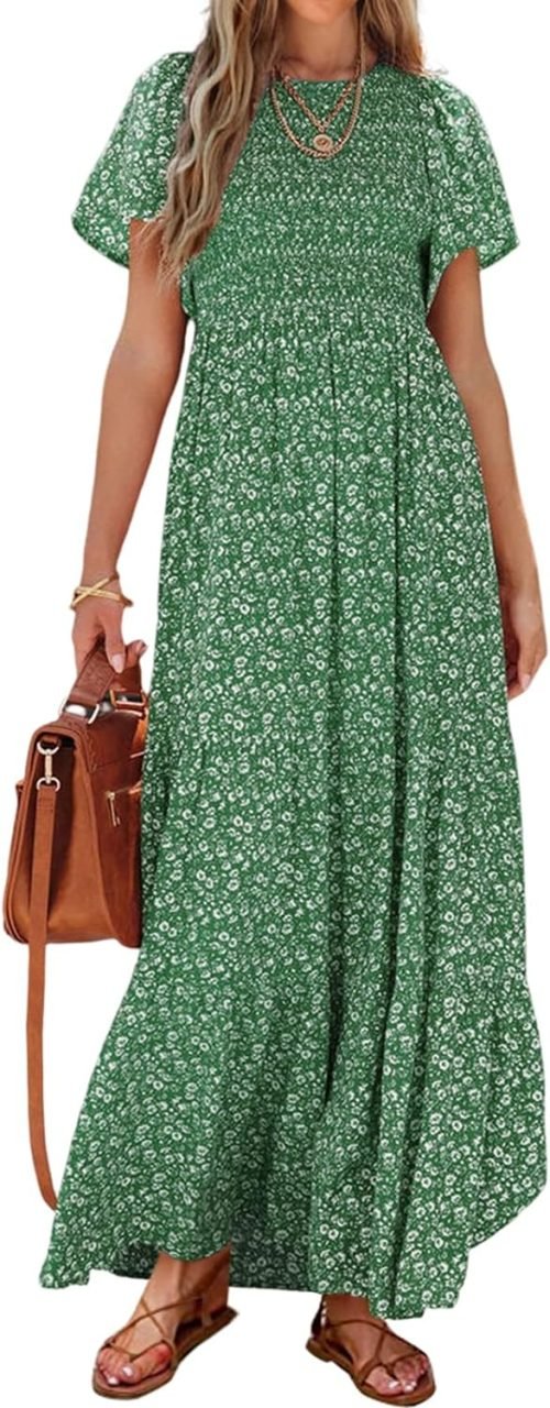 Women's Summer Casual Flutter Short Sleeve Boho Floral Maxi Dress Crew Neck Smocked Tiered Long Dresses, X-rose Red, Large