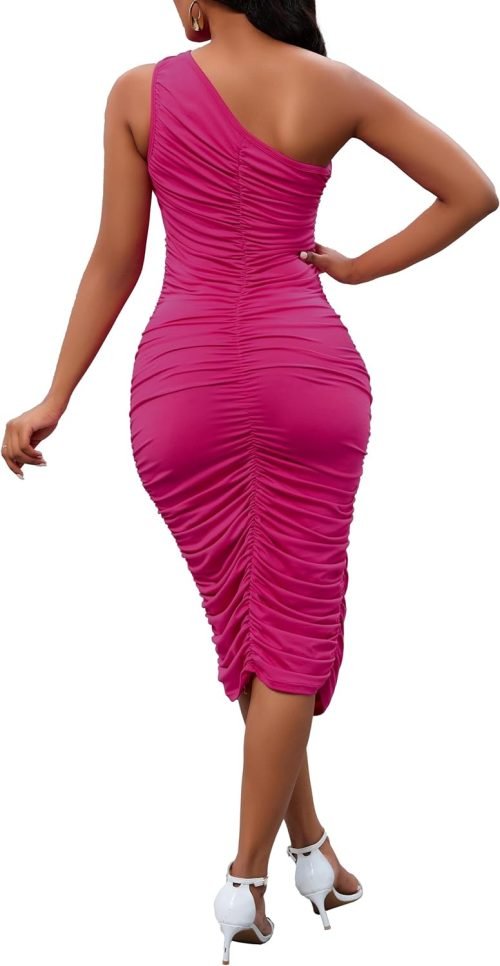 Women's Sexy One Shoulder Dresses Sleeveless Party Club Ruched Cocktail Wedding Guest Bodycon Midi Dress