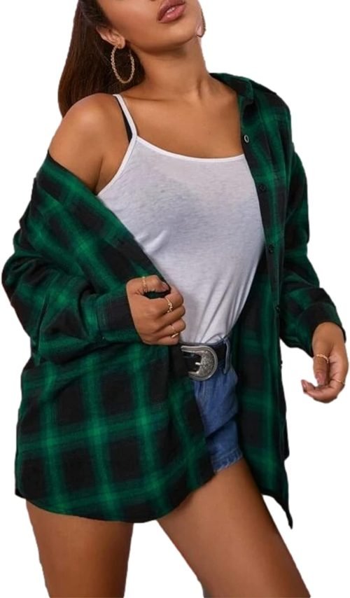 Plaid Flannel Button Down Shirts for Women Oversized Dressy Casual Long Sleeve Tops Blouse