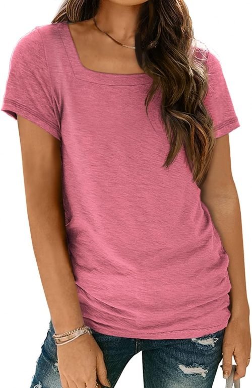 Womens Tops Casual Spring Summer Tshirts 2024 Short Sleeve Square Neck Basic Tee Outfits