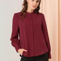 Women's Mandarin Collar Office Top Long Sleeve Button Down Shirt
