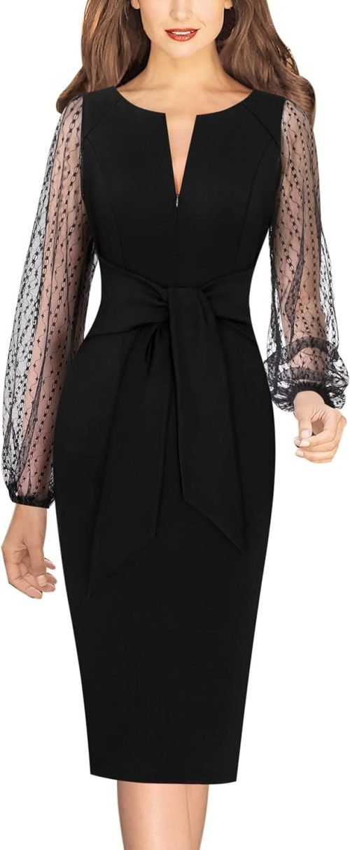 Womens Front Zipper Tie Waist Slim Work Business Office Bodycon Pencil Dress