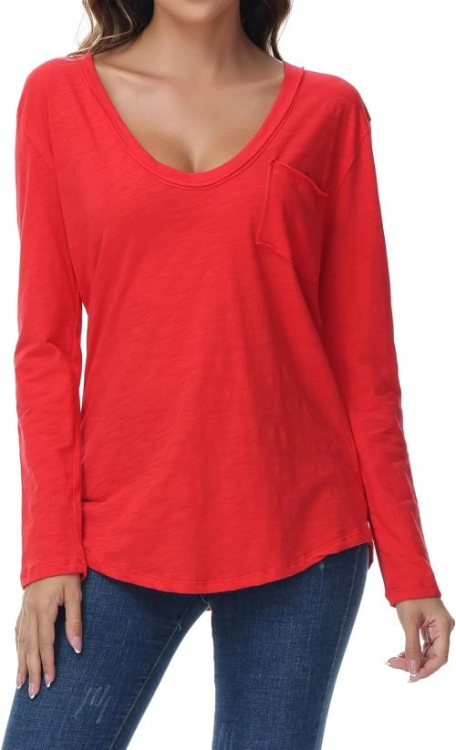 Women's Oversized T Shirts Fashion Long Sleeve Scoop Neck Top Shirts Loose fit Comfy Tees with Pockets